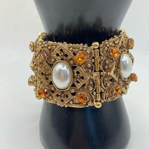 Vintage Filigree Brass Bracelet. Rhinestone Faux pearl wide high end 6”in